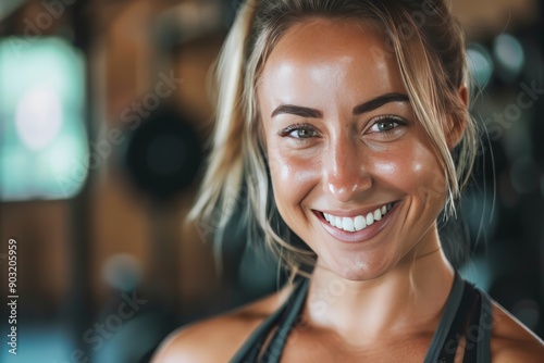 Free Download A fit muscular female personal trainer smiling at the camera in a gym, close up - GFXLoad