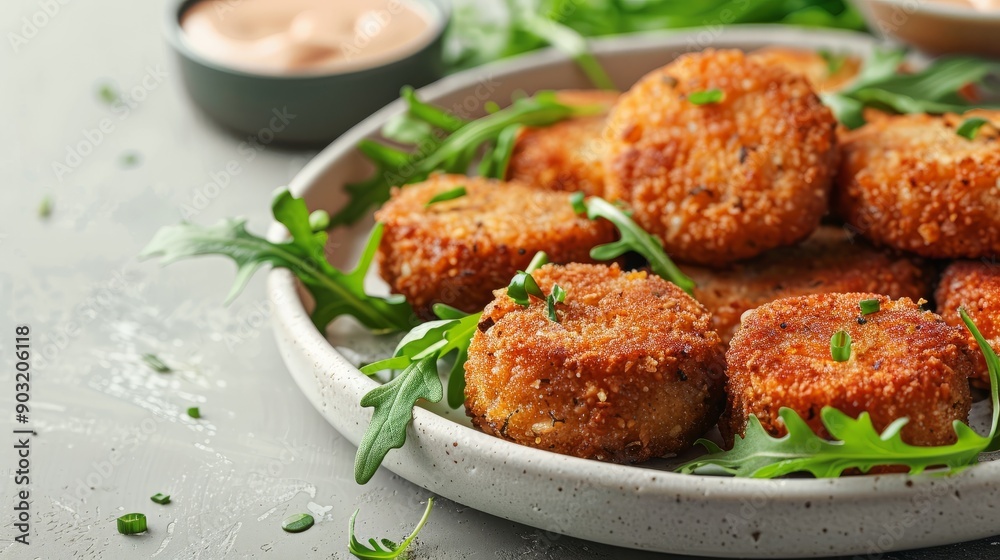 Vegetarian nuggets served with vegan dipping sauce and fresh greens Vegetarian nuggets served with vegan dipping sauce and fresh greens