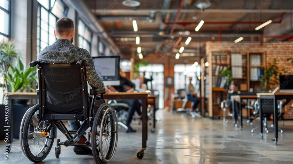 Man with disabilities at work. Guy in wheelchair in office among colleagues. Disability Employment Awareness Month. Employment, inclusion, Disability Rights, Inclusivity concept. World Disability day Man with disabilities at work. Guy in wheelchair in office among colleagues. Disability Employment Awareness Month. Employment, inclusion, Disability Rights, Inclusivity concept. World Disability day
