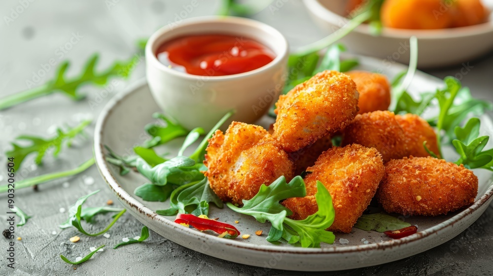 Vegetarian nuggets with vegan dipping sauce served in a rustic setting Vegetarian nuggets with vegan dipping sauce served in a rustic setting