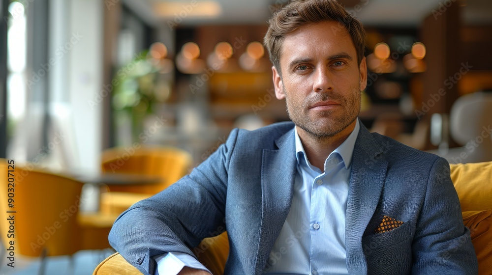 Stylish male executive in modern office lounge relaxing during afternoon meeting Stylish male executive in modern office lounge relaxing during afternoon meeting