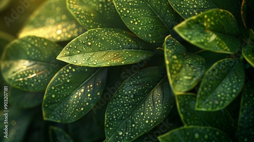 Close-up view of dew-kissed leaves in early morning light