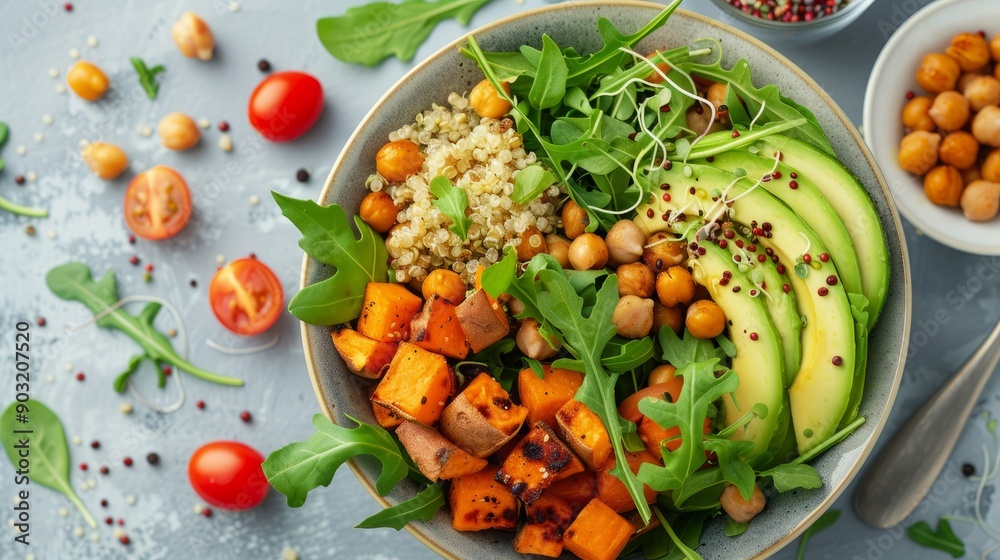 Vegan salad with roasted sweet potatoes and avocado enjoyed in a bright kitchen Vegan salad with roasted sweet potatoes and avocado enjoyed in a bright kitchen