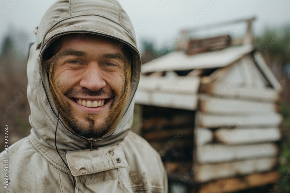man wearing full body protection against bees. Smiling. Behind is bee house, making honey man wearing full body protection against bees. Smiling. Behind is bee house, making honey
