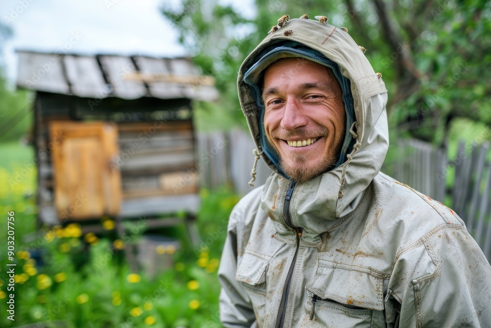 man wearing full body protection against bees. Smiling. Behind is bee house, making honey man wearing full body protection against bees. Smiling. Behind is bee house, making honey