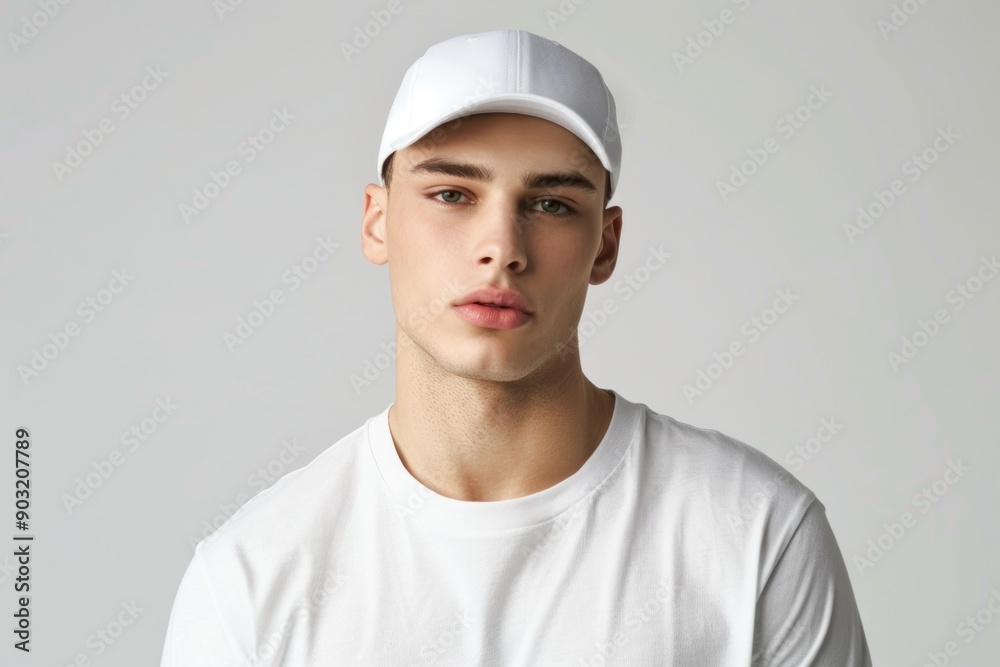 man wearing plain white cap and shirt for mockup. Fashion model male with white cap and neutral background man wearing plain white cap and shirt for mockup. Fashion model male with white cap and neutral background