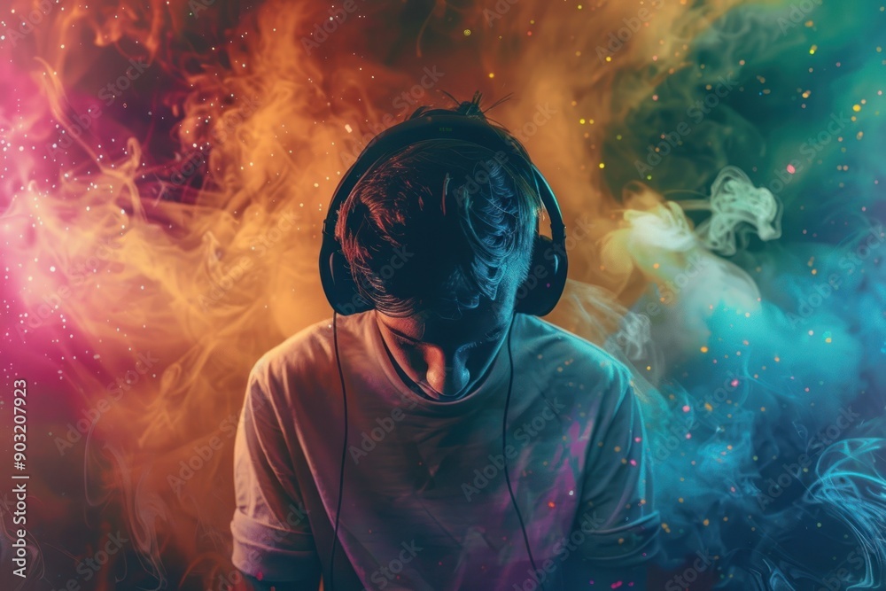 man with headphones in a colorful effect background man with headphones in a colorful effect background