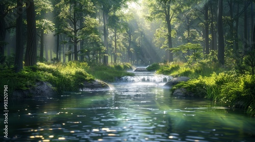 Serene river flowing through lush forest under gentle sunlight © FryArt