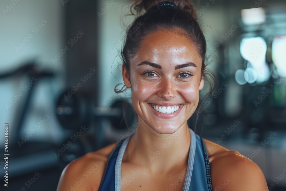 A fit muscular female personal trainer smiling at the camera in a gym, close up A fit muscular female personal trainer smiling at the camera in a gym, close up