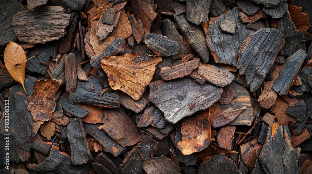 Brown tree bark mulch spread over garden bed in late afternoon light Brown tree bark mulch spread over garden bed in late afternoon light