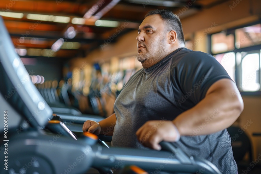 Overweight man exercising in gym treadmill Overweight man exercising in gym treadmill