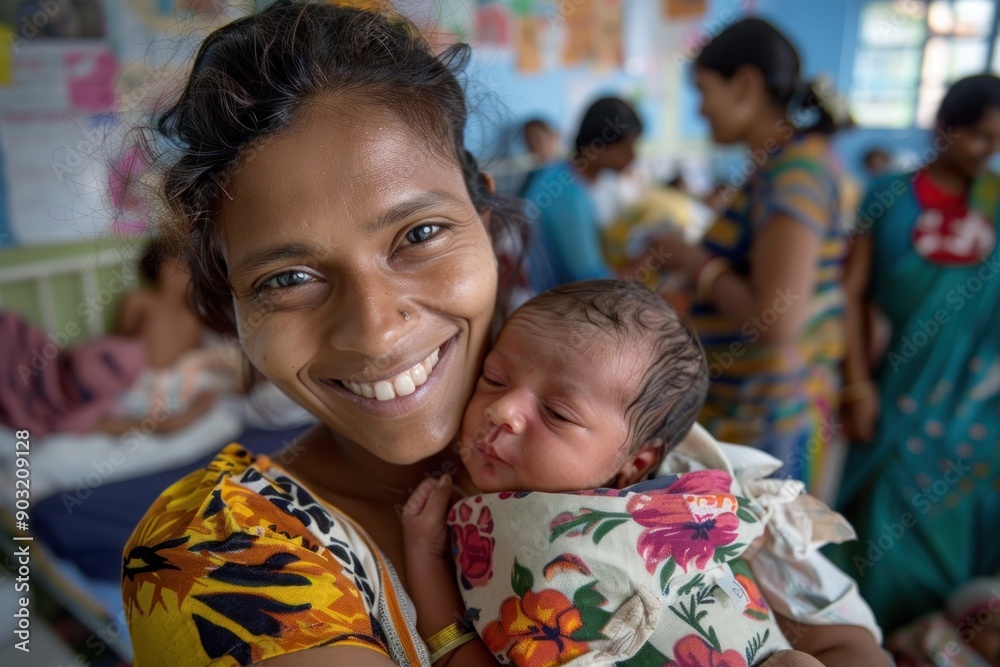 A Mother Happily Holds Her Newborn, Her Smile Radiating Love After Childbirth in Hospital A Mother Happily Holds Her Newborn, Her Smile Radiating Love After Childbirth in Hospital
