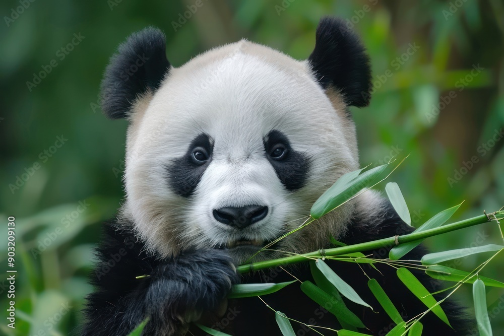 Panda eating bamboo jungle background Panda eating bamboo jungle background