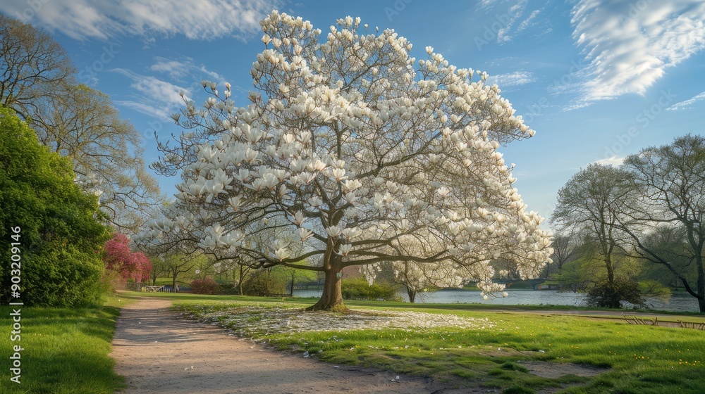 Magnificent white magnolia blooms in a park on a clear spring day Magnificent white magnolia blooms in a park on a clear spring day