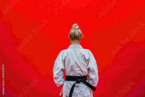 Person in Kimono and black Belt on Red Background with Space for Text. Martial Arts Discipline Concept