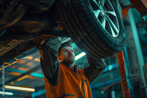 A young mechanic or technician repairs a vehicle on a lift in an automotive repair shop.