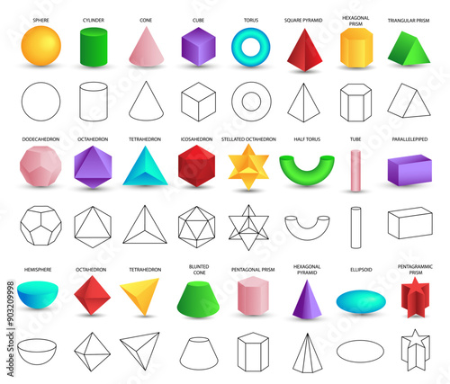 Set of vector realistic 3D colorful geometric shapes isolated on white background. Mathematics of geometric shapes, linear objects, contours. Platonic solid. Icons, logos for education, design