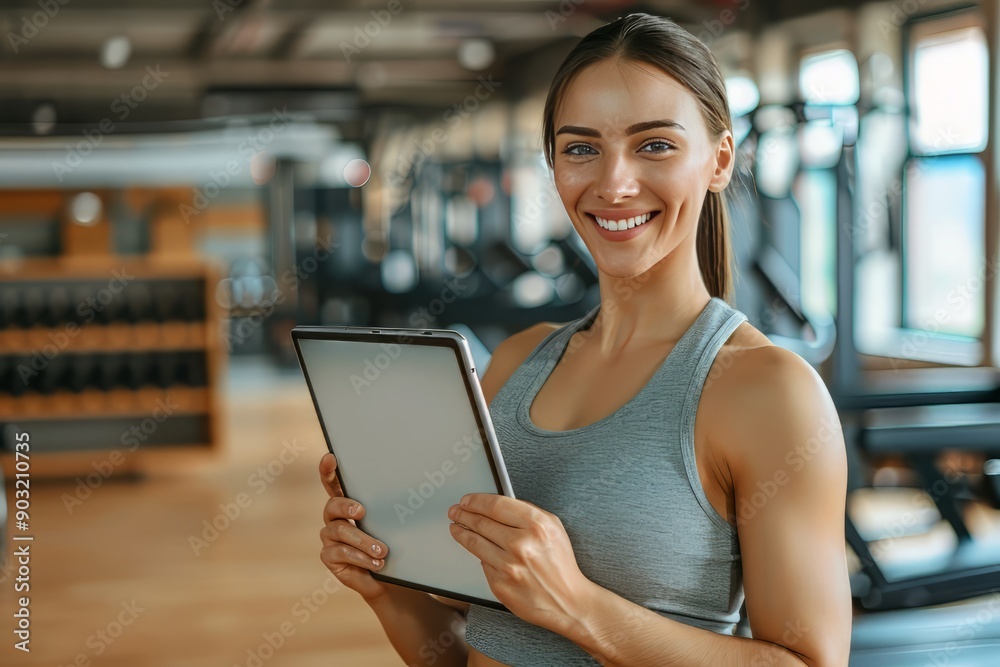 A fit muscular female personal trainer smiling at the camera in a gym, close up A fit muscular female personal trainer smiling at the camera in a gym, close up