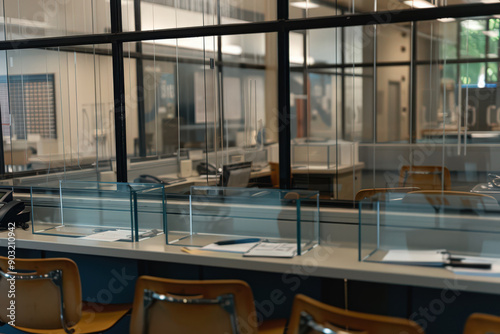 Prison visitation room with glass partitions and chairs