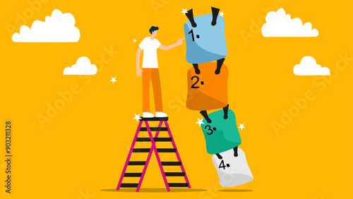 Vector illustration of a person standing on a ladder, arranging blocks labeled 1 to 4, symbolizing organizing tasks or prioritizing a to-do list. 