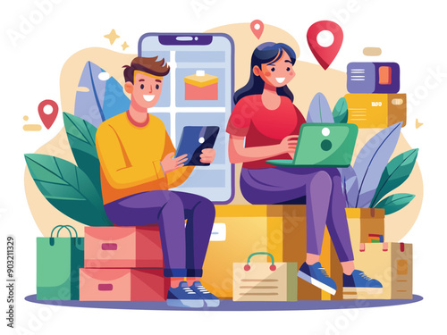 Online shopping service. Young women and male customers sit on boxes ordering with huge smartphone apps.