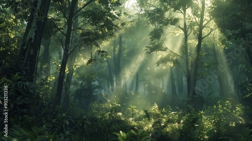 Wide view of a dense forest with sunlight filtering through the trees.