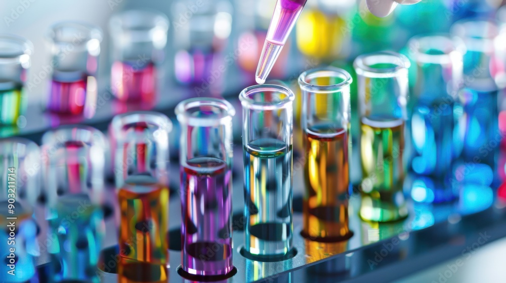 A person is drawing a line into a row of colorful test tubes A person is drawing a line into a row of colorful test tubes