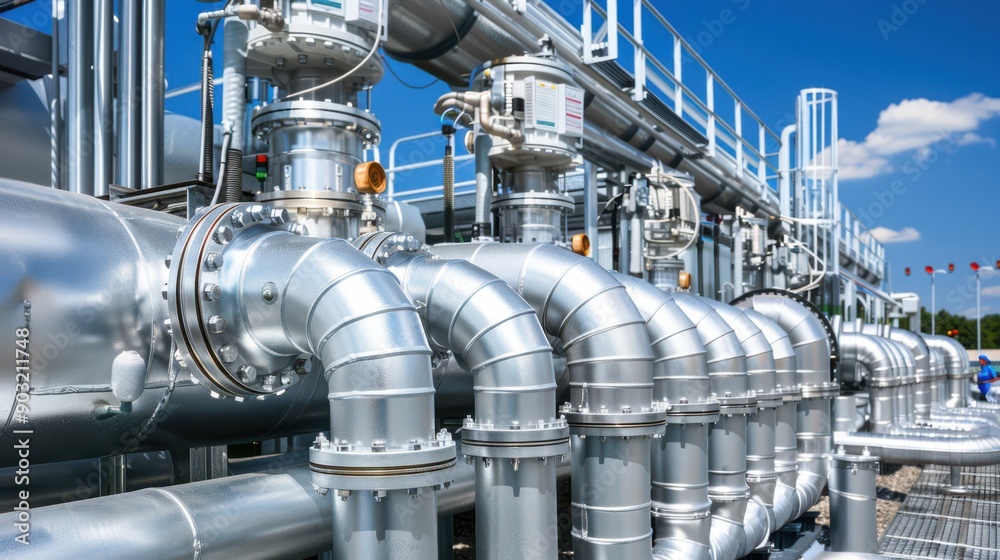 A large industrial pipe system with many valves and pipes A large industrial pipe system with many valves and pipes
