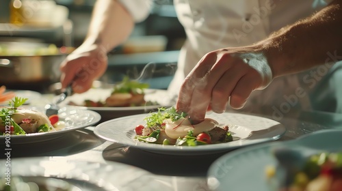 A chef carefully garnishes a plate of food in a restaurant kitchen. photo