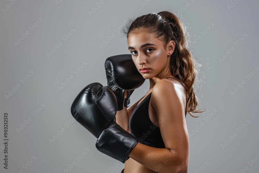 Young woman boxing in gloves on gray background. Young woman boxing in gloves on gray background.