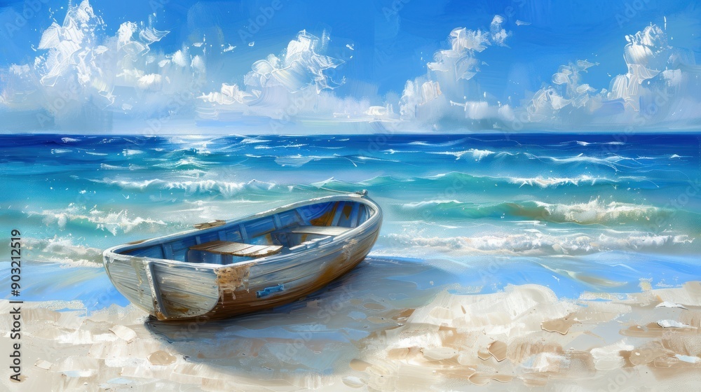 A serene beach scene with a small wooden boat sitting on the sand, surrounded by the vast expanse of ocean and sky. A serene beach scene with a small wooden boat sitting on the sand, surrounded by the vast expanse of ocean and sky.