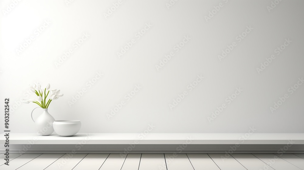 White Minimalist Shelf with Flowers and Bowl White Minimalist Shelf with Flowers and Bowl