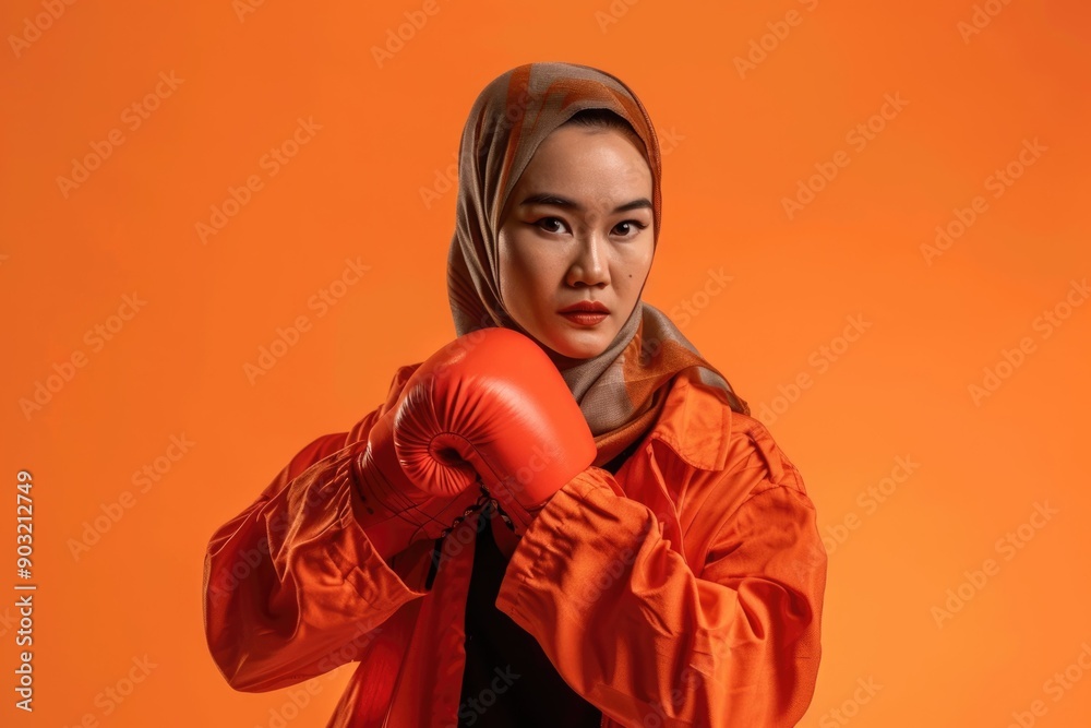 Asian Muslim woman in powerful boxing stance on orange background. Asian Muslim woman in powerful boxing stance on orange background.