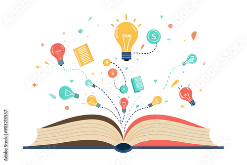 Illustration of a book from which ideas emanate. Flat illustration.