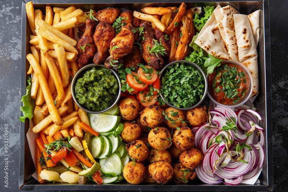 This mouth-watering frybox is filled with golden fries, juicy chicken pieces, perfectly fried potato balls, fluffy pita bread, and a variety of fresh vegetables, presented in an inviting This mouth-watering frybox is filled with golden fries, juicy chicken pieces, perfectly fried potato balls, fluffy pita bread, and a variety of fresh vegetables, presented in an inviting