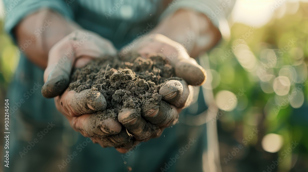 A close-up of a farmer's hands cradling fresh, rich soil on a sunny day, emphasizing agriculture, sustainability, and the vital connection between humans and nature.