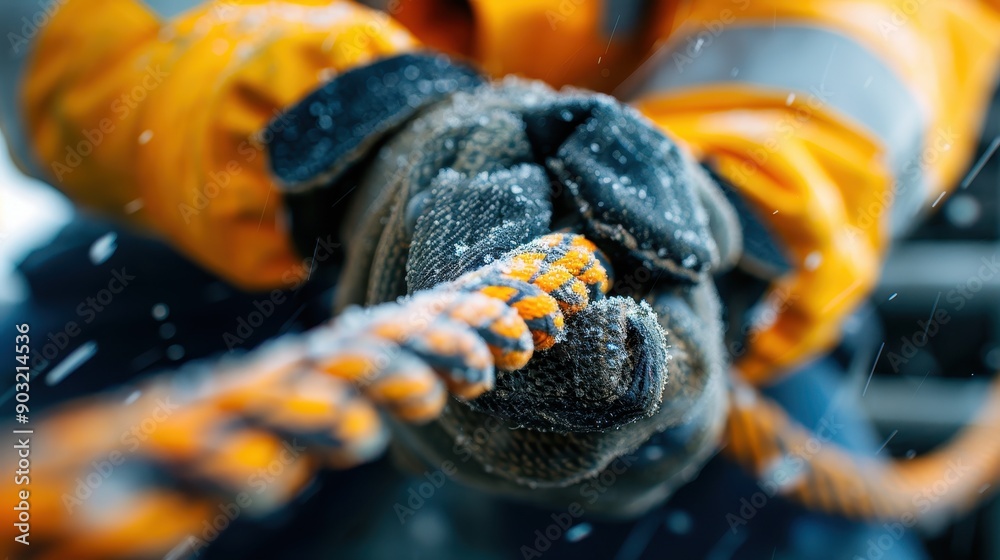 Image showcases a close-up view of gloved hands firmly gripping a rope amidst a snowfall, highlighting resilience and perseverance in challenging weather conditions.