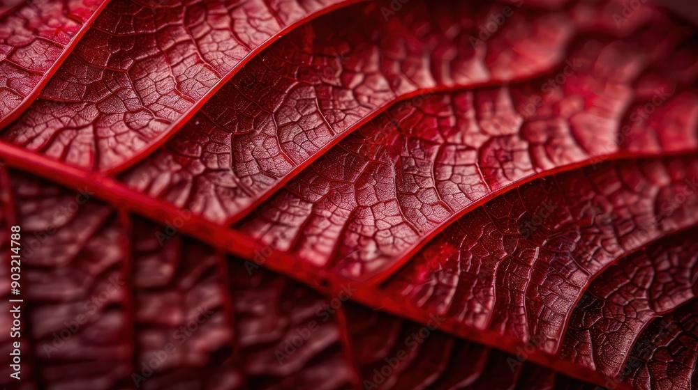 Fototapeta premium A close-up macro image of a red leaf showcasing its intricate texture and veining, bringing out the natural beauty and complexity of the leaf's surface.