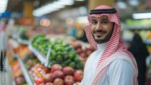 Smiling Man in Traditional Clothing at a Grocery Store
