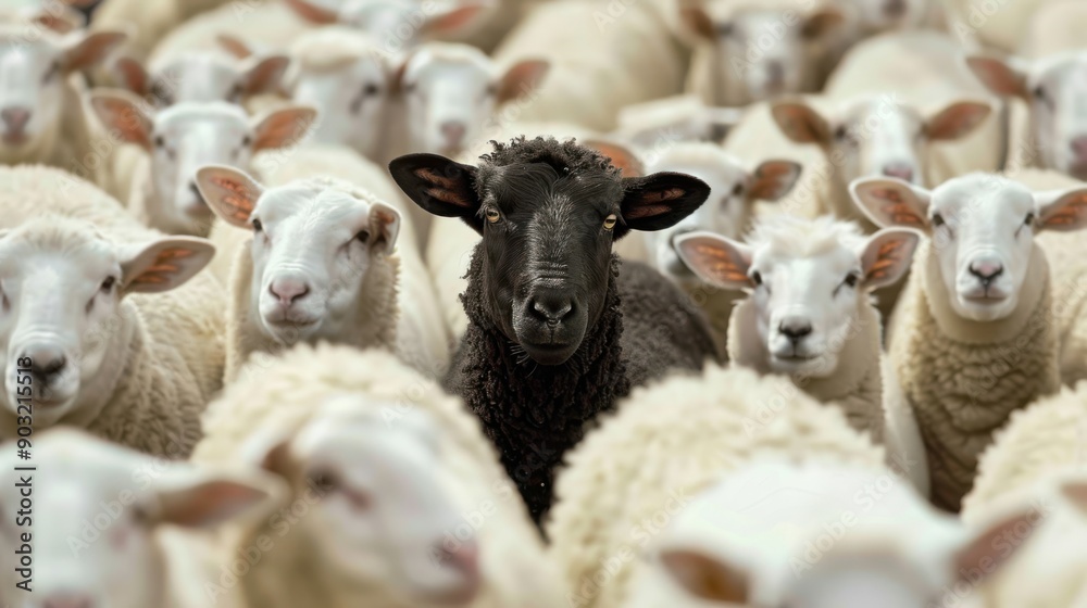 Fototapeta premium A black sheep stands out in a herd of white sheep