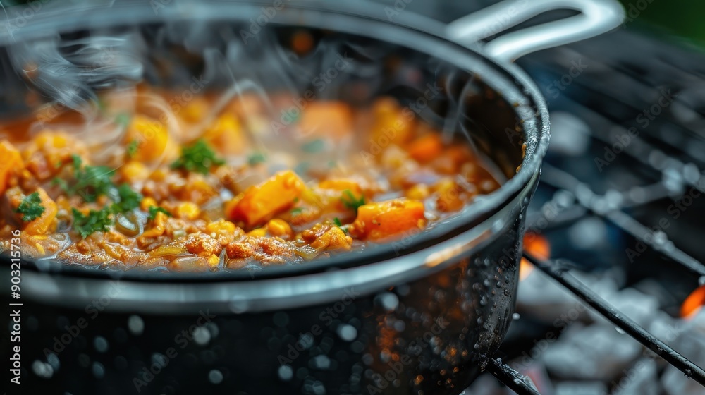 Delicious vegetable stew steams from a dark stockpot on a hot grill, filled with chunky pieces of vegetables, evoking a sense of homeliness and warmth for hearty meals. Delicious vegetable stew steams from a dark stockpot on a hot grill, filled with chunky pieces of vegetables, evoking a sense of homeliness and warmth for hearty meals.