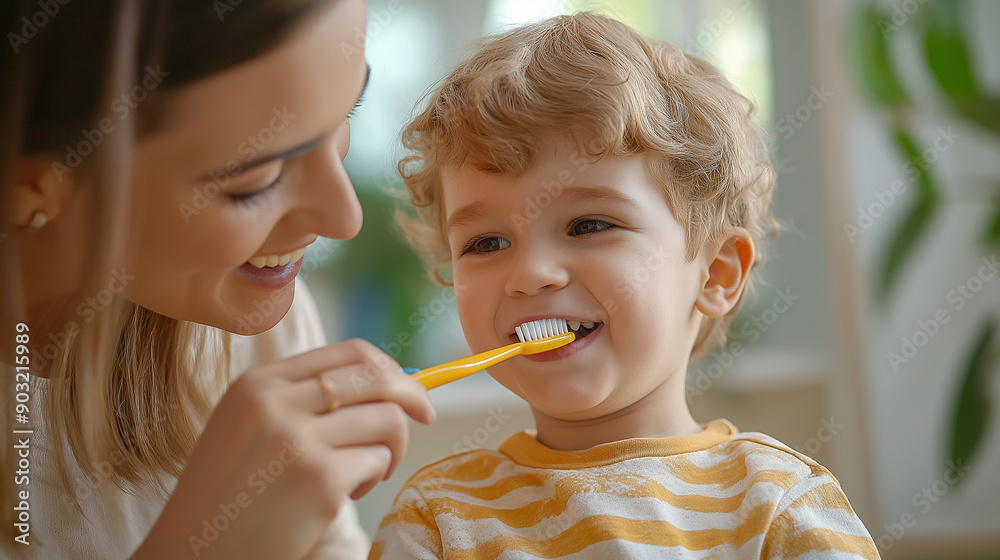 a mother helps her little son to brush his teeth , a mother with her little boy brushing his teeth a mother helps her little son to brush his teeth , a mother with her little boy brushing his teeth