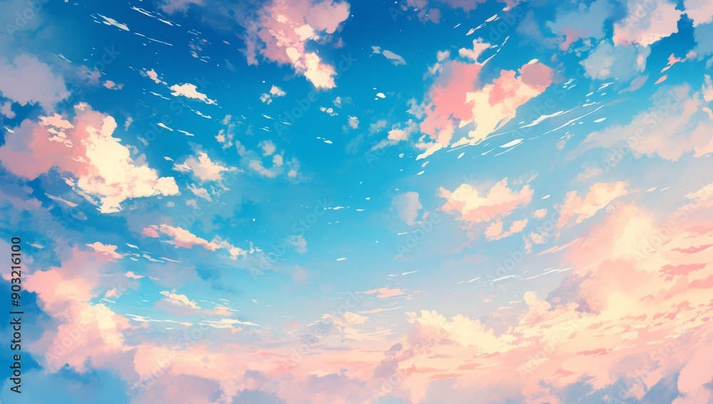 Anime-Style Poster Design with Pink and Blue Sky, Pastel Background, and Dreamy Cloudscape Featuring Bokeh Panorama and Retro-Futuristic Colors Anime-Style Poster Design with Pink and Blue Sky, Pastel Background, and Dreamy Cloudscape Featuring Bokeh Panorama and Retro-Futuristic Colors