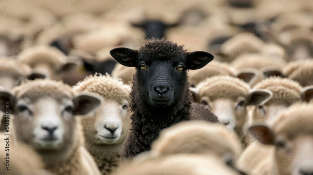 Obraz premium A black sheep stands out in a herd of white sheep