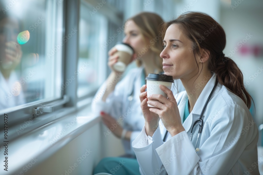 Female doctors drinking coffee while sitting on window sill in clinic Female doctors drinking coffee while sitting on window sill in clinic