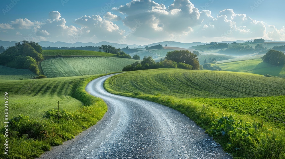 Tranquil countryside road winding through green fields and rolling hills, peaceful journey 