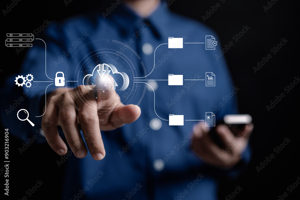 Businessmen connecting to databases on the cloud virtual, workflow servers system and data center organization, efficiently manage data, document management systems online concept. Businessmen connecting to databases on the cloud virtual, workflow servers system and data center organization, efficiently manage data, document management systems online concept.
