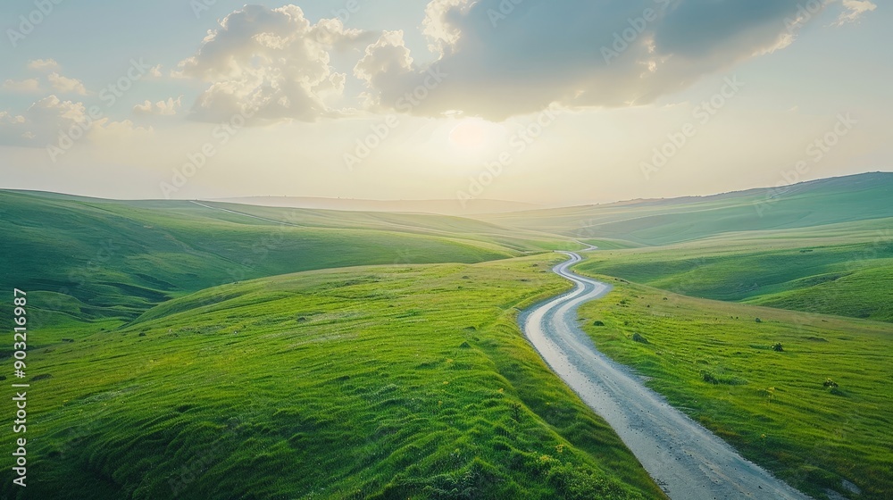 Tranquil countryside road winding through green fields and rolling hills, peaceful journey Tranquil countryside road winding through green fields and rolling hills, peaceful journey