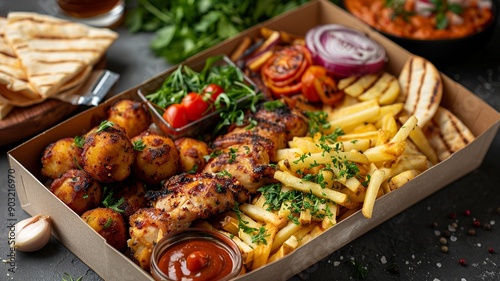 This mouth-watering frybox is filled with golden fries, juicy chicken pieces, perfectly fried potato balls, fluffy pita bread, and a variety of fresh vegetables, presented in an inviting  photo