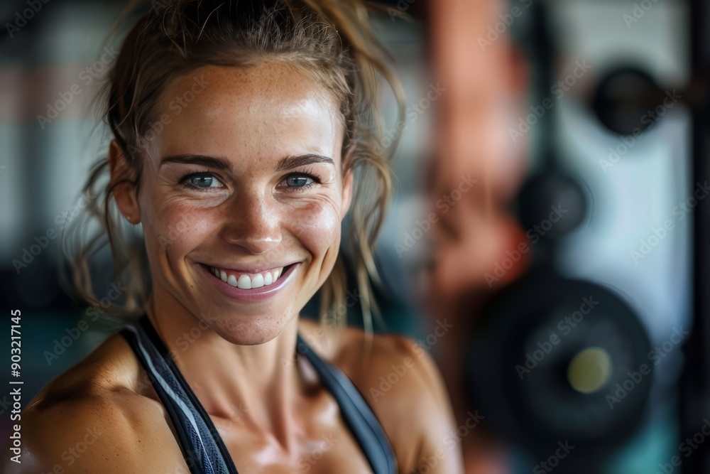 Fototapeta premium A fit muscular female personal trainer smiling at the camera in a gym, close up